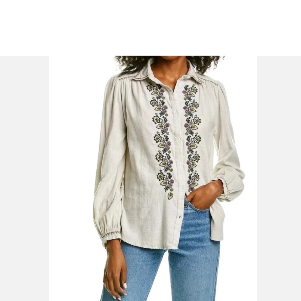 Max Studio Women's Embroidery Collared Ivory Long Sleeve Shirt Size XL